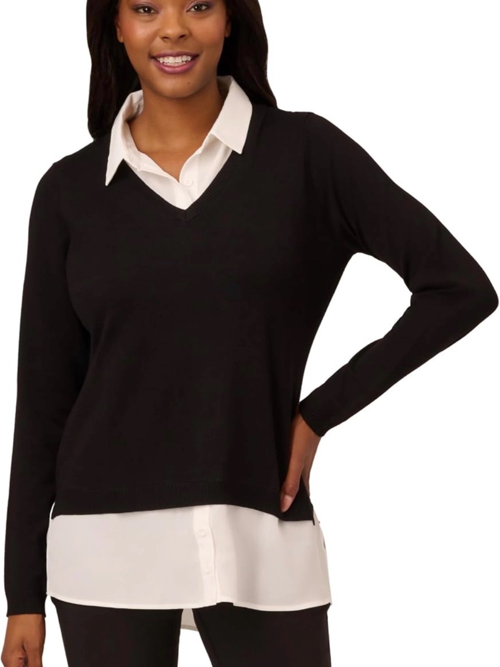 Adrianna Papell Black Twofer Layered V-Neck Sweater